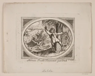 Amor bei einer Palme, zeigt auf ein aufgewühltes Meer