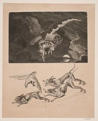 Tafel mit Eule, die mit Hase fliegt, darunter; Hunde, Hase und Jagdfalke