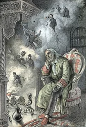 Ein alter Mann erinnert sich an die Stationen seines Lebens (Ehe, Krieg, Tod von Verwandten, Kindheit). Gravur aus „Die Bedürfnisse des Lebens“ von Rengade