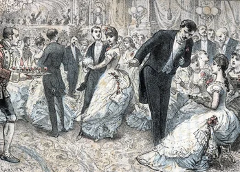 Gesellschaft und soziales Leben: der Ball um 1880. Gravur aus „Les besoins de la vie“ von Rengade