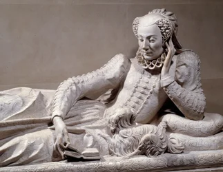 Grabdenkmal: Grab mit Abbild von Jeanne Valentine Balbiani, Frau von Kardinal Rene de Birague (Detail)