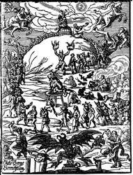 Eine Sabbatzeremonie, eine Ziege, die den Teufel darstellt, steht im Zentrum, umgeben von Hexen und Dämonen. Deutsche Gravur des 16. Jahrhunderts