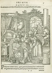 Eine Frau in den Wehen, Illustration aus Kapitel 2, Buch 1 von Über die Empfängnis und das Wachstum des Menschen von Rueff, 1587