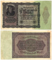 Eine Fünfzigtausend-Mark-Banknote, 1922 (Vorder- und Rückseite)
