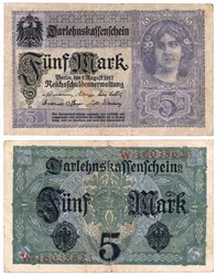 Eine Fünf-Mark-Banknote, 1917 (Vorder- und Rückseite)