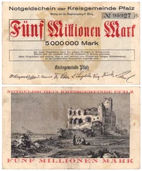 Eine Fünf-Millionen-Mark-Banknote, ca. 1923 (Vorder- und Rückseite)