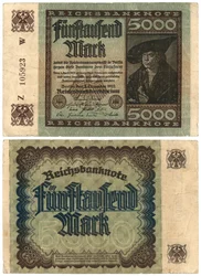Eine Fünftausend-Mark-Banknote, 1922 (Vorder- und Rückseite)