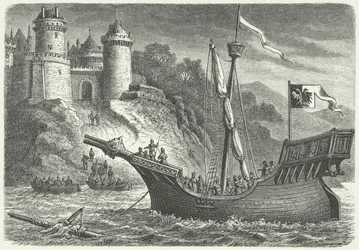 Ein Handelsschiff der Hanse (Gravur)