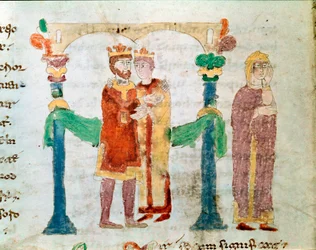 Eine Miniaturhochzeit aus dem Manuskript De Universo oder De rerum naturis von Rabanus Maurus Magnentius. Archiv der Abtei Monte Cassino