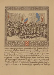 Eine Seite aus einem französischen Manuskript des 16. Jahrhunderts, die eine Szene aus Froissarts Chroniken darstellt