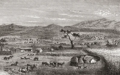 Eine Siedlung in Kouihara, Westafrika, Illustration aus 