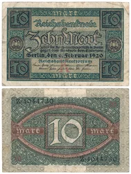 Eine Zehn-Mark-Banknote, 1920 (Vorder- und Rückseite)