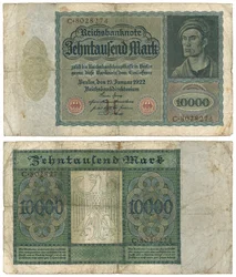 Eine Zehntausend-Mark-Banknote, 1922 (Vorder- und Rückseite)