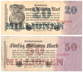 Eine Zwanzig- und Fünfzig-Millionen-Mark-Banknoten, 1923