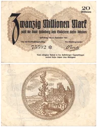 Eine Zwanzig-Millionen-Mark-Banknote, 1923 (Vorder- und Rückseite)