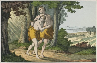 Adam und Eva werden aus dem Paradies vertrieben, Illustration aus dem Alten Testament, veröffentlicht von Jakob Ferdinand Schreiber, Esslingen (Farbstich)