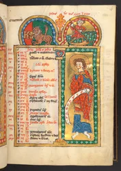 Juli. 12 Kalenderseiten in Gold und Farben, mit architektonischen Rahmen, die jeweils ein Sternzeichen, einen Apostel und eine Arbeit des Monats enthalten. Psalter. Illuminiertes Psalter mit einem Kalender, Cantica und Litaneien für den Gebrauch von Nonnen