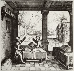 Ein Astrologe erstellt ein Horoskop, Kopie einer Illustration aus Utriusque Cosmi Historia von Robert Fludd, Oppenheim 1617, verwendet in einer Geschichte der Magie, veröffentlicht Ende des 19. Jahrhunderts