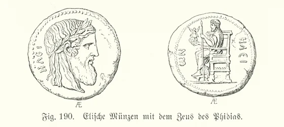 Antike griechische Münzen aus Elis mit Bildern des Zeus von Phidias