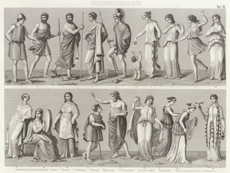 Antike griechische Kostüme. Illustration für Bilder-Atlas (Gravur)