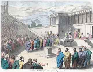 Alte Geschichte. Griechenland. Theater, Darstellung von Agamemnon (Gravur)