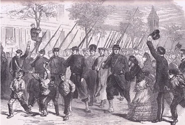 Ankunft preußischer Gefangener in Paris nach der Schlacht vor Bagneun, Cassells Geschichte des Krieges zwischen Frankreich und Deutschland, veröffentlicht von Cassell und Company Limited, ca. 1890