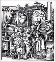 Astrologen erstellen ein Horoskop für das Kind, das einer Frau in einem Gebärstuhl geboren wird, aus De Conceptu et Generatione Hominis von Jacob Rueff, veröffentlicht in Frankfurt, 1587