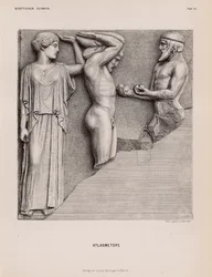Atlas bringt Herakles die Äpfel der Hesperiden in Anwesenheit von Athene, Metope vom Tempel des Zeus, Olympia, Griechenland