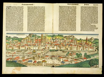 Vogelperspektive von Regensburg, aus der Nürnberger Chronik von Hartmann Schedel (1440-1514) 1493