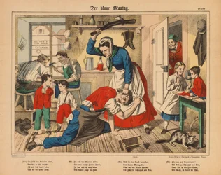 Blauer Montag - die Frau eines Schuhmachers schlägt ihren Mann, Flugblatt veröffentlicht von C. Burckhardt, Weissenburg, ca. 1850