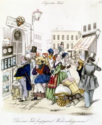 Figuren, die Lotterieergebnisse melden, Deutschland.