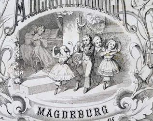 Kindertanzszene, Detail der Titelseite einer Sammlung von Musik und Tänzen für Kinder, veröffentlicht in Magdeburg, Deutschland