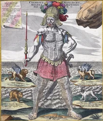 Kolossaler König reitet über sein Reich, ca. 1750