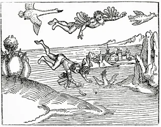 Daedalus, der mit seinem Sohn Ikarus aus Kreta flieht, sieht ihn zu seinem Tod stürzen, 1493