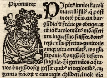Detail eines originalen Inkunabelblatts, Darstellung von Pippin I. (803-38) vor 1500 (Detail)