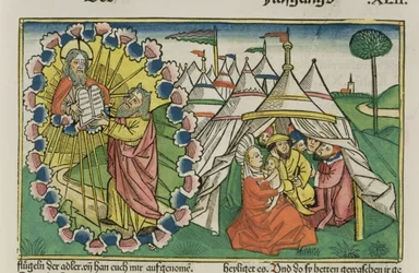 Exodus 20:1-5 Mose empfängt die Zehn Gebote, aus der Nürnberger Bibel (Biblia Sacra Germanaica)