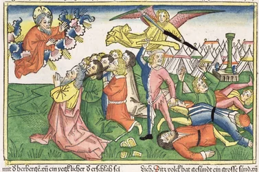 Exodus 32:15-23 Mose zerbricht die Steintafeln, aus der Nürnberger Bibel (Biblia Sacra Germanaica)