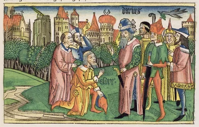 Der Tempel von Jerusalem wird von König Darius geweiht, aus der Nürnberger Bibel (Biblia Sacra Germanaica)