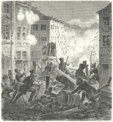 Kämpfe an einer Barrikade vor dem Colln Rathaus, Berlin, Revolution von 1848 (Stich)