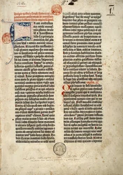 Erste Seite der lateinischen Gutenberg-Bibel (Vulgata), entstanden in Mainz 1452 - 1454. Der Beginn des Briefes des heiligen Hieronymus an den Priester Paulinus, der von allen Büchern der Heiligen Schrift handelt.