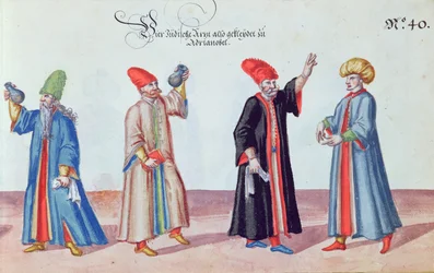 Vier jüdische Ärzte aus Adrianopel, Türkei, ca. 1600 (Aquarell auf Papier)