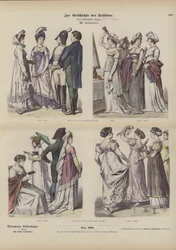 Französische und deutsche Kostüme, frühes 19. Jahrhundert (farbige Gravur)