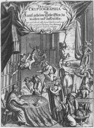 Frontispiz, Illustration aus Cryptographia, oder geheime Schrifften von Johann Balthasar Friderici, graviert von Johan Friedlein, veröffentlicht in Hamburg, 1685
