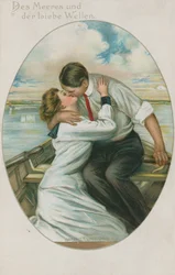 Deutscher Mann und Frau küssen sich in einem Boot, Postkarte gesendet am 10. September 1913