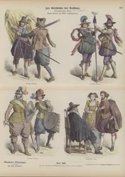 Deutsche Militär- und Bürgerkostüme, frühes 17. Jahrhundert (farbiger Stich)