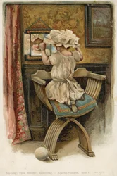 Mädchen mit Haube, das sich im Spiegel betrachtet