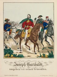 Giuseppe Garibaldi umgeben von seinen Generälen, veröffentlicht von G.N. Renner, Nürnberg, 1866