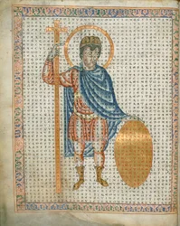 Kaiser Ludwig I., der Fromme, hält ein Kreuz und einen Schild, aus 