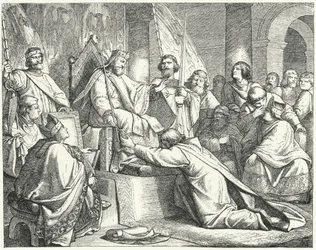 Heinrich der Löwe, Herzog von Sachsen, unterwirft sich Friedrich Barbarossa in Erfurt