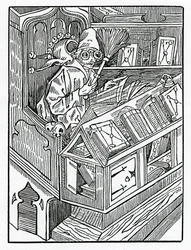 Hier beginnt das Narrenschiff und zuerst die unprofitablen Bücher, Illustration aus Alexander Barclays englischer Übersetzung von 